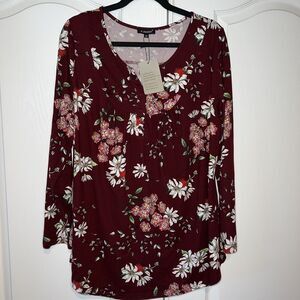 Women Top Tunic Plus 2x Dark Red Floral Print Long Sleeve Soft Knit Boho Cottage